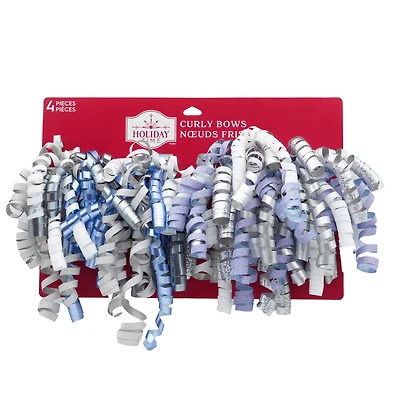 Nœuds bouclés Sassy Santa bleu, blanc et argent, ensemble de 4 mcx par Holiday Time
