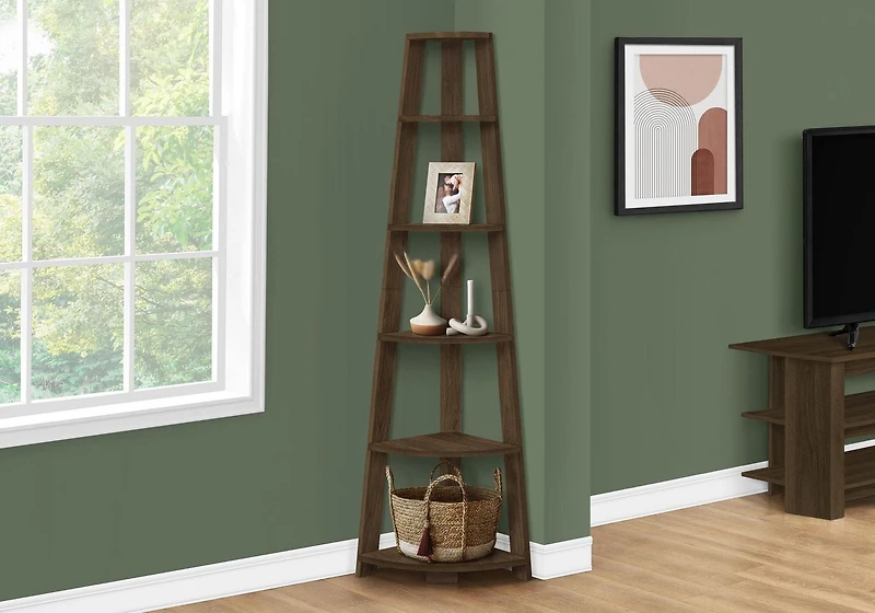 Monarch Specialties Bookshelf, Bookcase, Etagere, Corner, 5 Tier, 72"h, Office, Bedroom, Laminate, Walnut, Contemporary, Modern