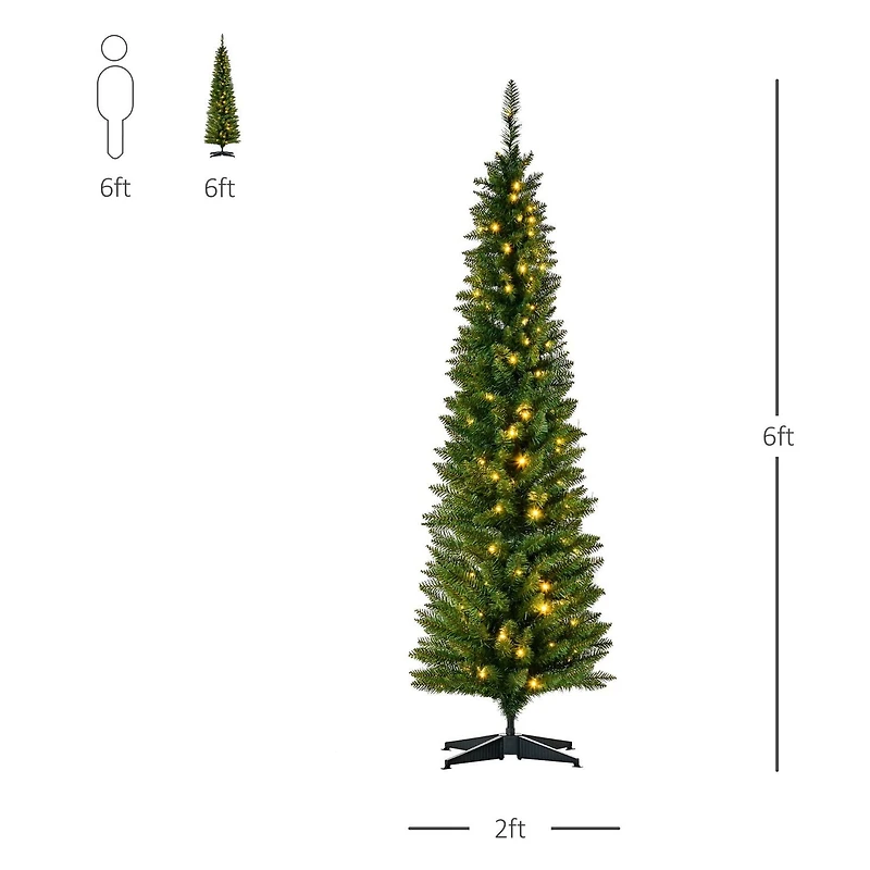 HOMCOM Sapin de Noël artificiel mince pré-illuminé de 1,8 m avec 390 pointes et 200 lumières LED blanc chaud