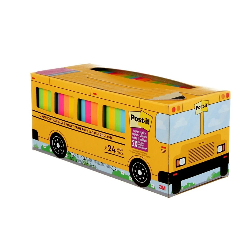 Post-it® Super Sticky Notes 654-24SSBUS, Classroom Value Pack, 24 Pads/Pack, 70 Sheets/Pad