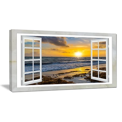Design Art Open Window to Bright Yellow Sunset Modern Seascape Canvas Artwork Print