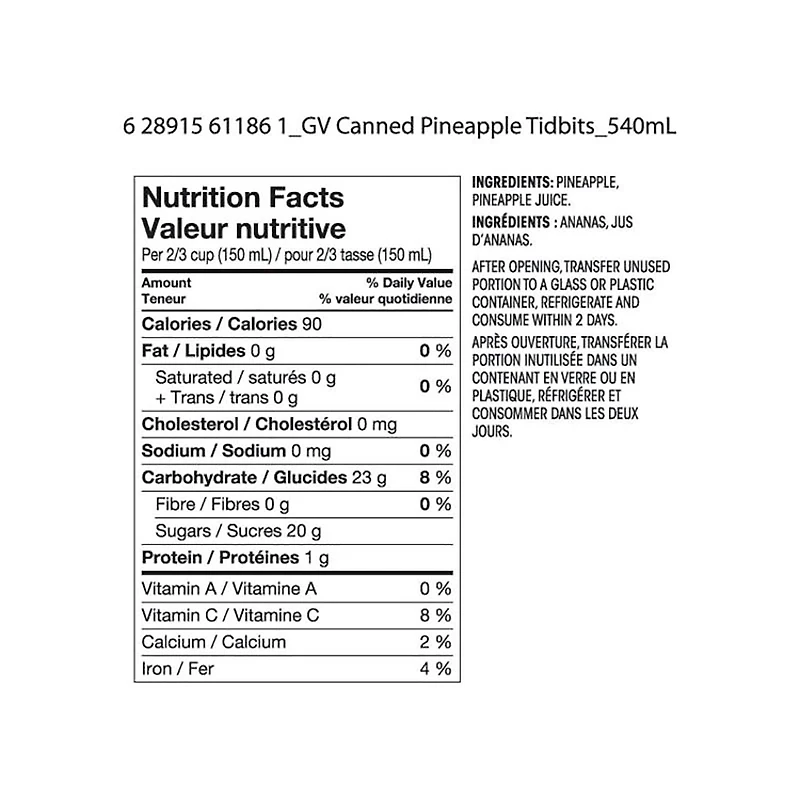 Great Value Pineapple Tidbits, 540 mL