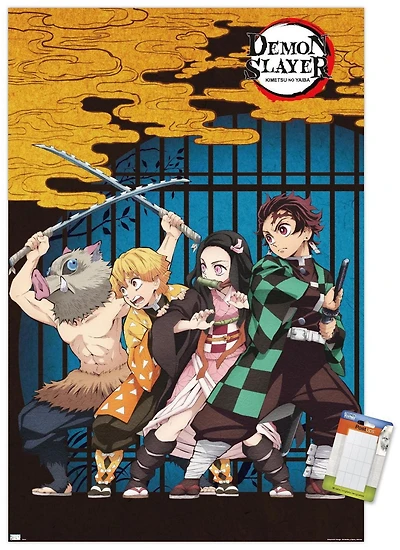 Demon Slayer – Art de Groupe 22,375" x 34" Affiche Murale avec Cadre Magnétique en Bois de Hêtre, par Trends International