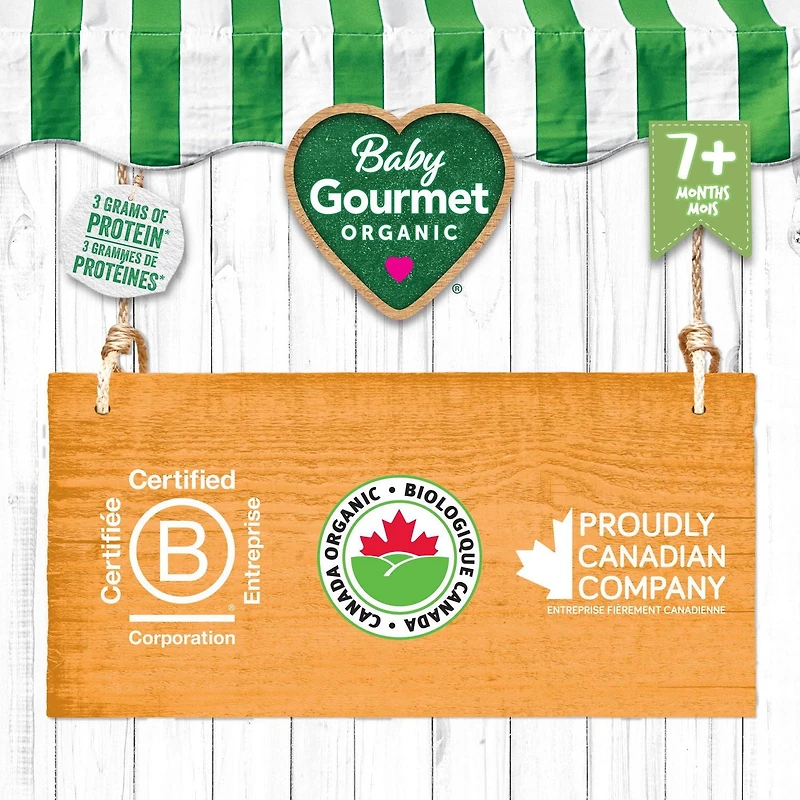 Plat préparé biologique poulet et fruits avec riz brun de Baby Gourmet Purée - 128 mL