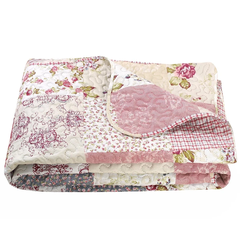 Marina Decoration Embossed Pinsonic Coverlet Bedspread Soft Bedding Summer Printed Quilt Set with Shams, Pink Purple Cream Floral Plaid Pattern