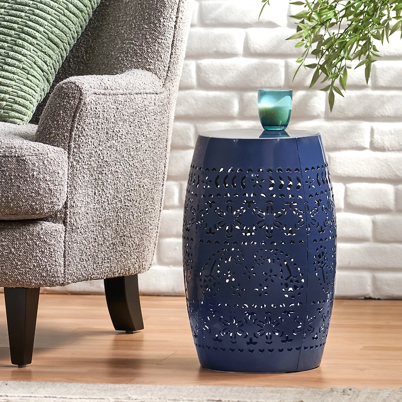 Homy Casa Lace-Cut Barrel-Shaped Metal Nightstand for Bedroom or Living Room Decor