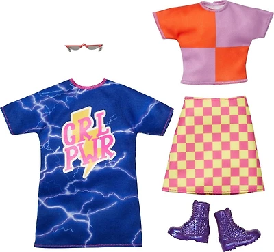 ​Barbie Fashions 2-Pack Clothing Set, 2 Outfits for Barbie Doll Includes Color-blocked Shirt with Checkered Skirt, a “GRL PWR” Blue Sweatshirt Dress & 2 Accessories, Gift for Kids 3 to 8 Years Old