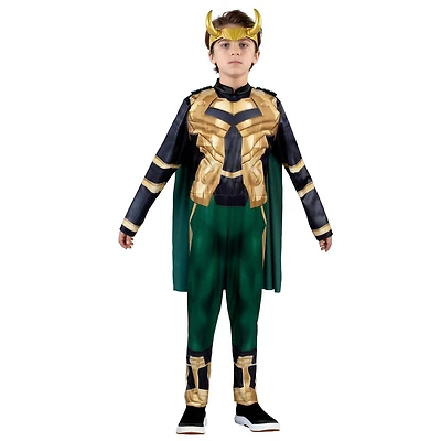 MARVEL Youth Loki Costume - Combinaison rembourrée, cape amovible et casque en plastique 3D