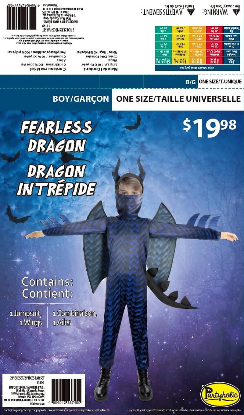 Partyholic dragon sans peur pour garçons, taille unique adaptées à la plupart NO BRAND IMPORT EX DEGUISEMENT HLW
