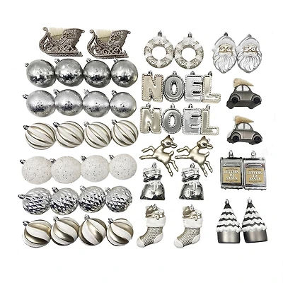 Holiday Time 50-Count Iconic Symbols of Christmas Shatterproof Christmas Ornaments, Gray/Gold/Silver/White, 50 pieces