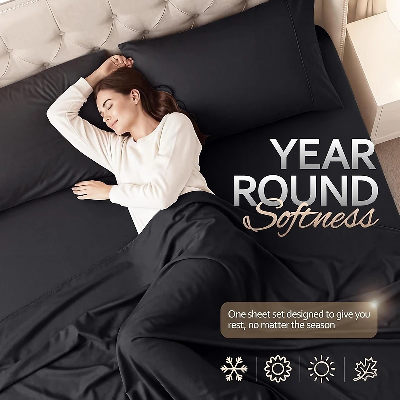 Ensemble de draps Beddora pour lit King Size, noir – 4 pièces, en microfibre, ultra-doux, à poches profondes, infroissable, facile d'entretien, pour adultes
