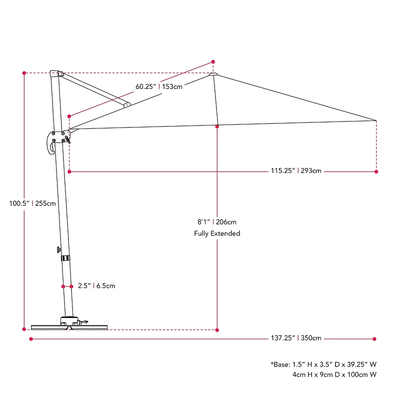 Parasol d'extérieur CorLiving de 2,9 m (9,5 pi) déporté, inclinable et pivotant, avec structure en aluminium et acier et toile résistante, rouge bordeaux