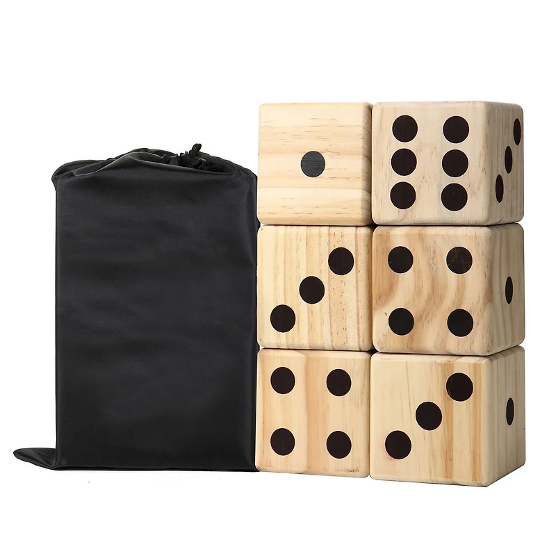 Hathaway High Roller Yard Dice Set with 6 X 3.5-in Wooden Dice And Black Nylon Storage Bag, Reusable Scorecard Included