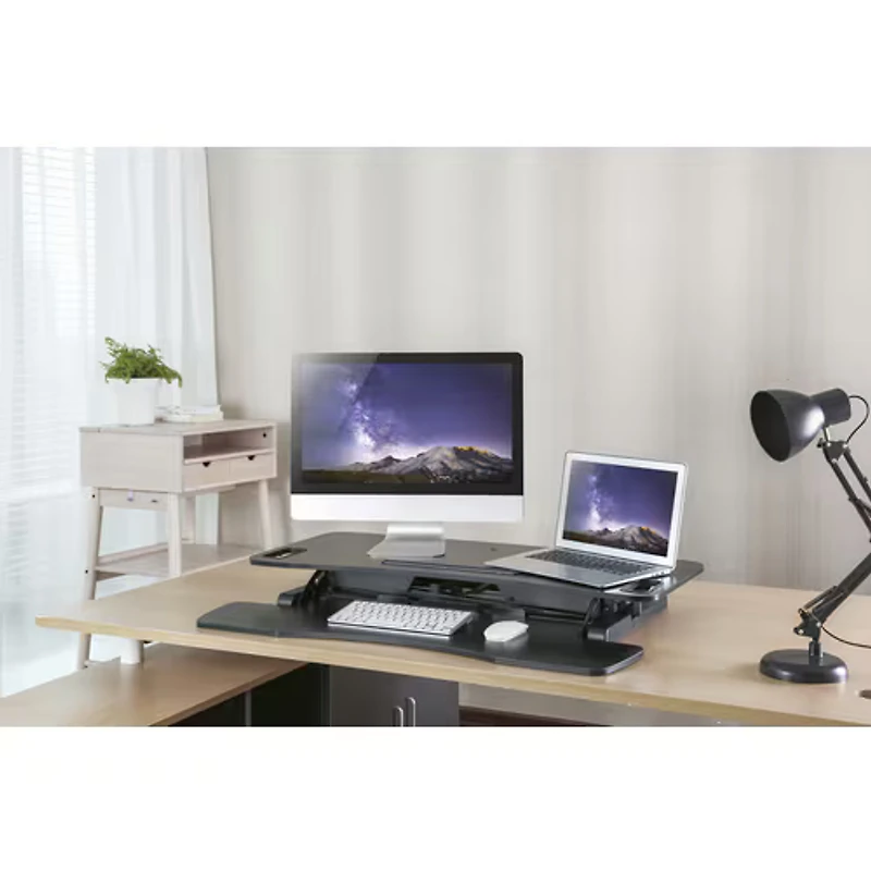 Amer Mounts Sit/Stand 37.4" Height Adjust Desk - EZRiser36 Height Adjustable Sit/Stand Desk Computer Riser, Dual Monitor Capable, 37.4" wide with Keyboard Tray - Noir Finish
