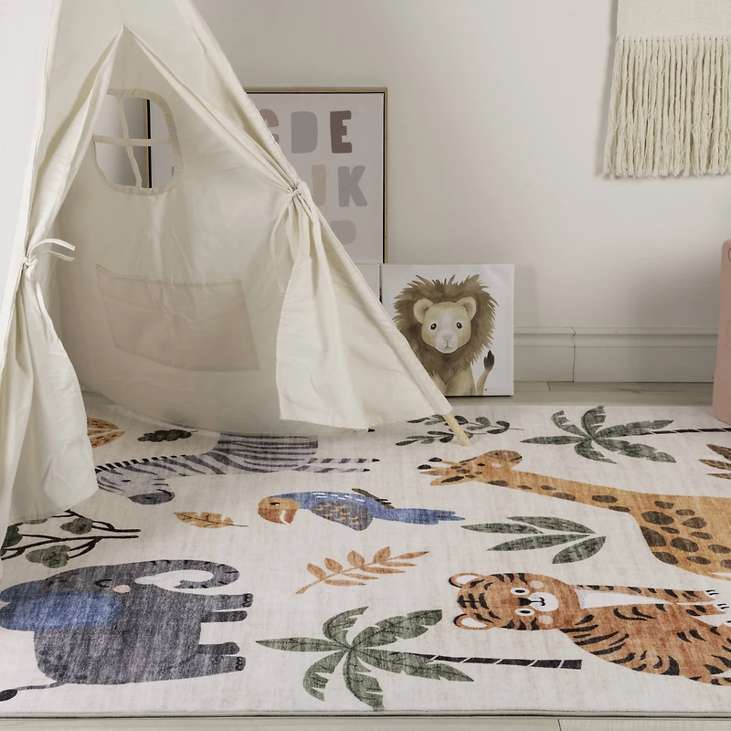 Rug Branch Soft Steps Playtime Cartoon Animals, Tapis d'apprentissage educatif doux, blanc beige - Garcons et filles dans la salle de jeux, la creche, la chambre a coucher