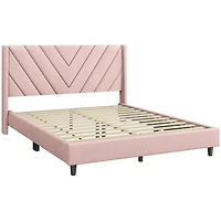 Fullfurnique Upholstered Platform Bed Frame with Wooden Slat Support, Queen, Pink