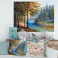 Designart Lumière du soleil du matin à travers la forêt de pins et de sapins Art mural sur toile