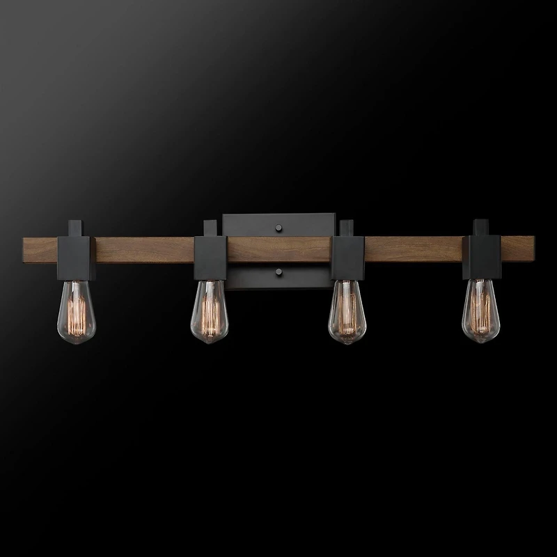 Applique murale en métal à 4 ampoules Phoenix par Globe Electric, noir mat, faux bois foncé, 51717