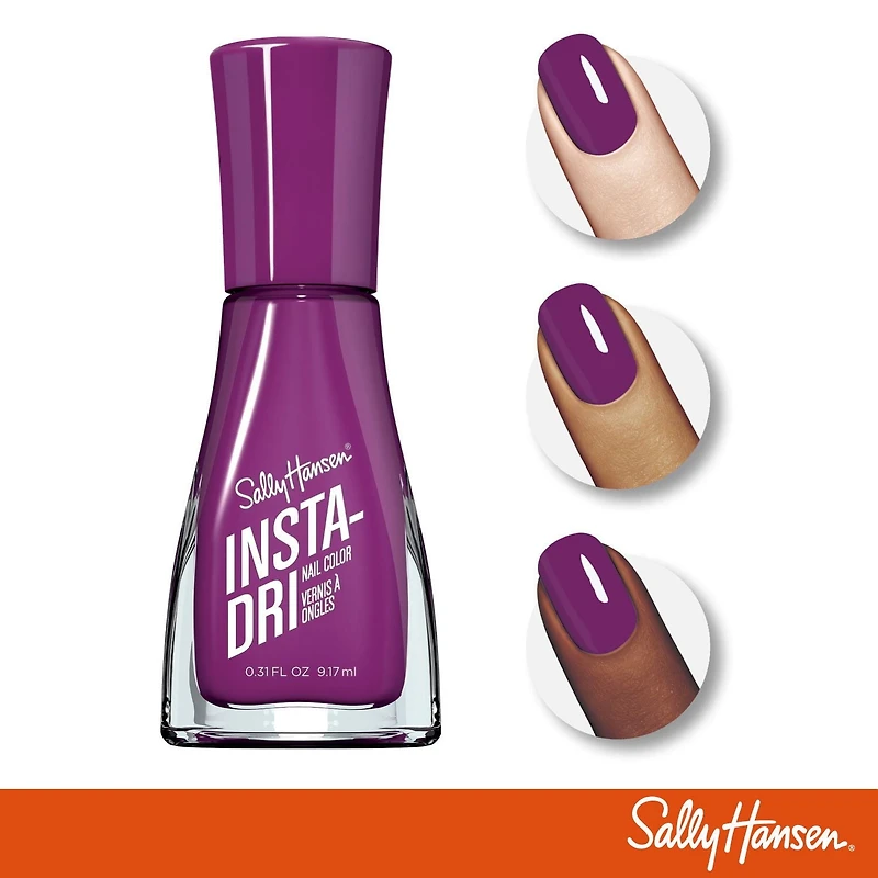 Sally Hansen Insta-Dri Nail Polish, 3-in-1 formula with built-in base and top coat for shiny, extended wear in a single step. Dries in 60 seconds