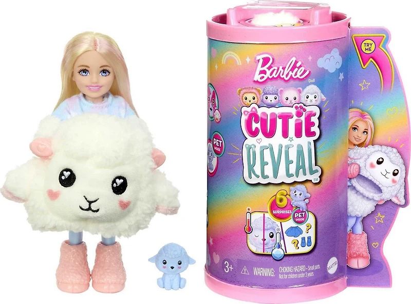 Barbie Cutie Reveal Poupée Chelsea et accessoires, costume agneau en peluche et 6 surprises avec changement de couleur, Série T-Shirt Confort