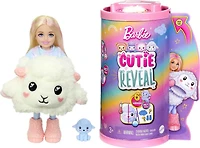 Barbie Cutie Reveal Poupée Chelsea et accessoires, costume agneau en peluche et 6 surprises avec changement de couleur, Série T-Shirt Confort