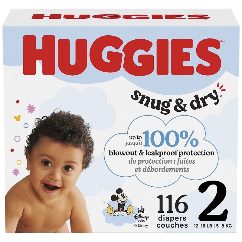 Couches Huggies Snug & Dry pour bébé, taille Giga 1 à 7, 128 à 54 unités Taille 1 à 7 | Comte 54-128