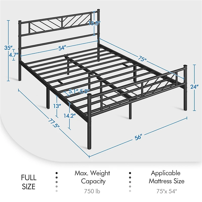 Fullfurnique Minimalist Metal Platform Bed with Arrow Design Headboard for Adults, Full, Black