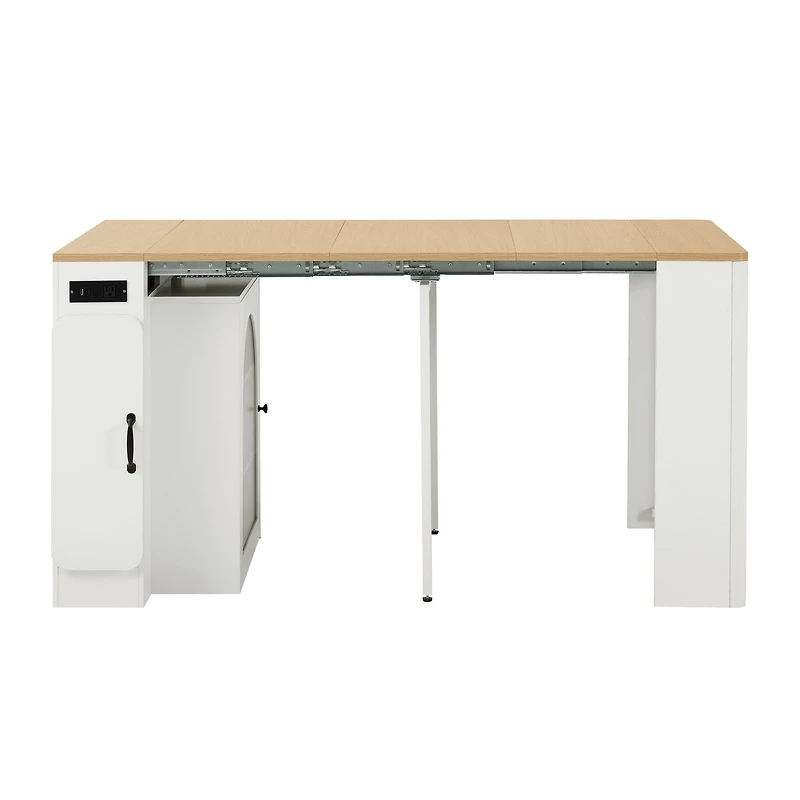 Noble House Table à manger extensible Horizon,3 feuilles amovibles avec îlot roulant Mobile et prise de courant, blanc crémeux + naturel