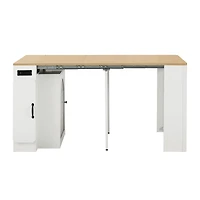 Noble House Table à manger extensible Horizon,3 feuilles amovibles avec îlot roulant Mobile et prise de courant, blanc crémeux + naturel
