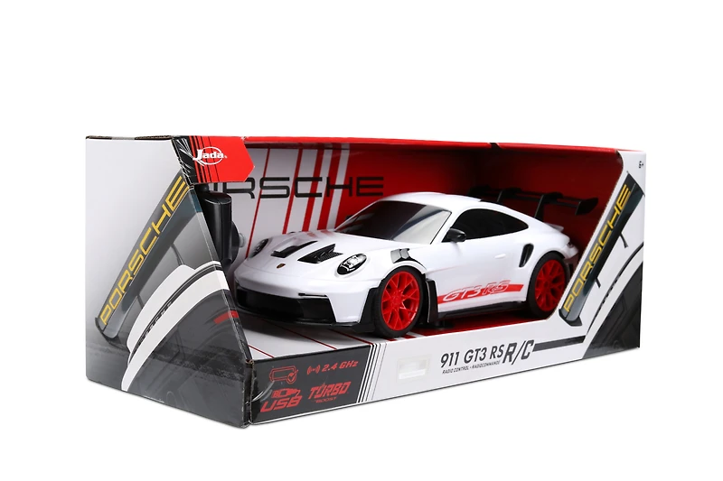 Jada Toys Porsche 911 (992) GT3 RS – Échelle 1:16 – Télécommandée, Rechargeable par USB avec fonction Turbo (Blanc/Rouge)