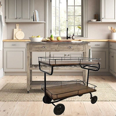 Bodnar Chariot Table Basse, Table Basse Chariot en Bois Massif, Chariot Marron avec Cadre en Fer, Table Basse Chariot de Rangement Mobile, Table Basse Chariot en Bois avec Roues