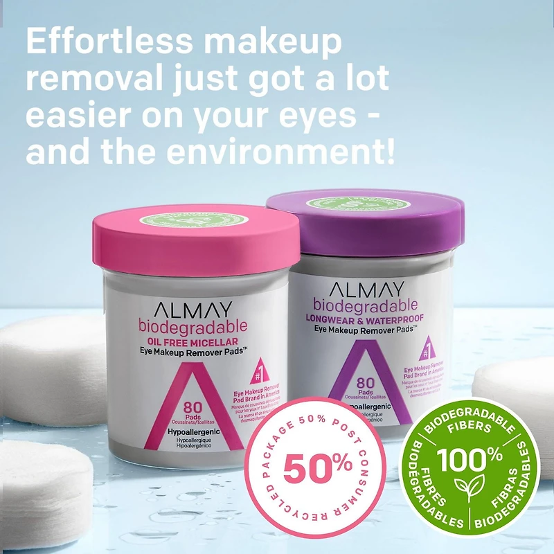 Almay Biodegradable Longwear & Waterproof Eye Makeup Remover Pads, Biodegradable Wipes for Waterproof Makeup, 120 count