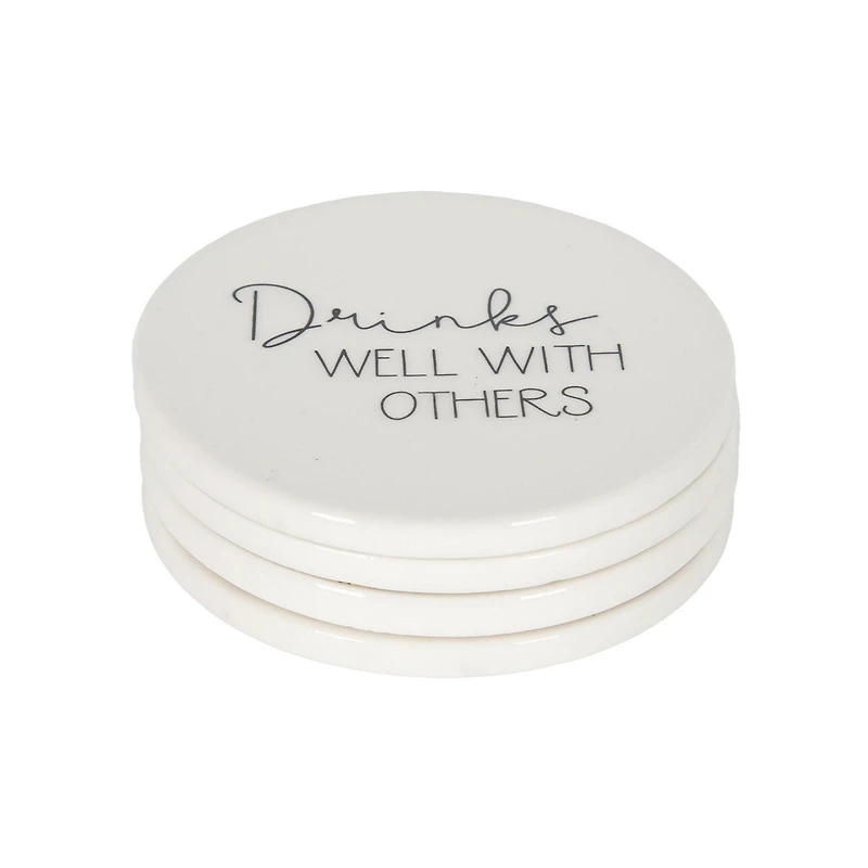 Ensemble de quatre dessous de verre en porcelaine Linden avec fini blanc dictons divers 9,8 cm de diamètre