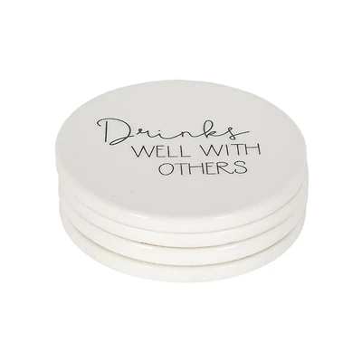 Ensemble de quatre dessous de verre en porcelaine Linden avec fini blanc dictons divers 9,8 cm de diamètre