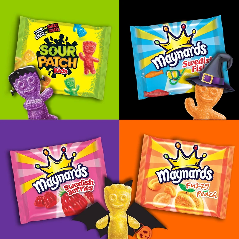 Maynards, Assorted Gummy Candy (Pack of 45), Sour Patch Kids, Fuzzy Peach, Swedish Berries, Swedish Fish, Bulk Candy, Individually Wrapped, Sour Candy, 562 g