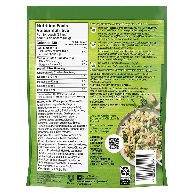 Knorr Sidekicks Creamy Bacon Carbonara Pasta Side Dish, 134 g Side Dish