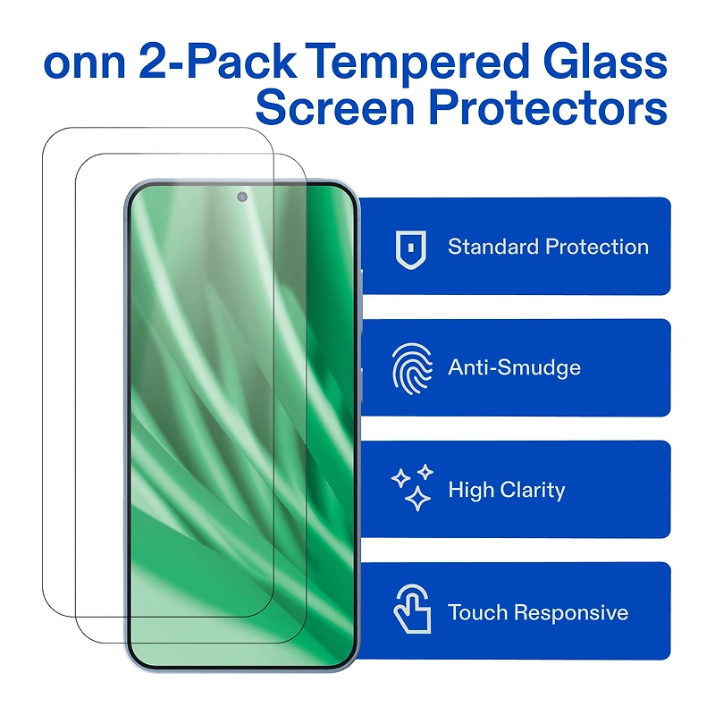 onn 2-Pack Tempered Glass Screen Protectors for Samsung Galaxy S25 FE, Standard Drop & Scratch Protection, Includes Easy Application Frame
