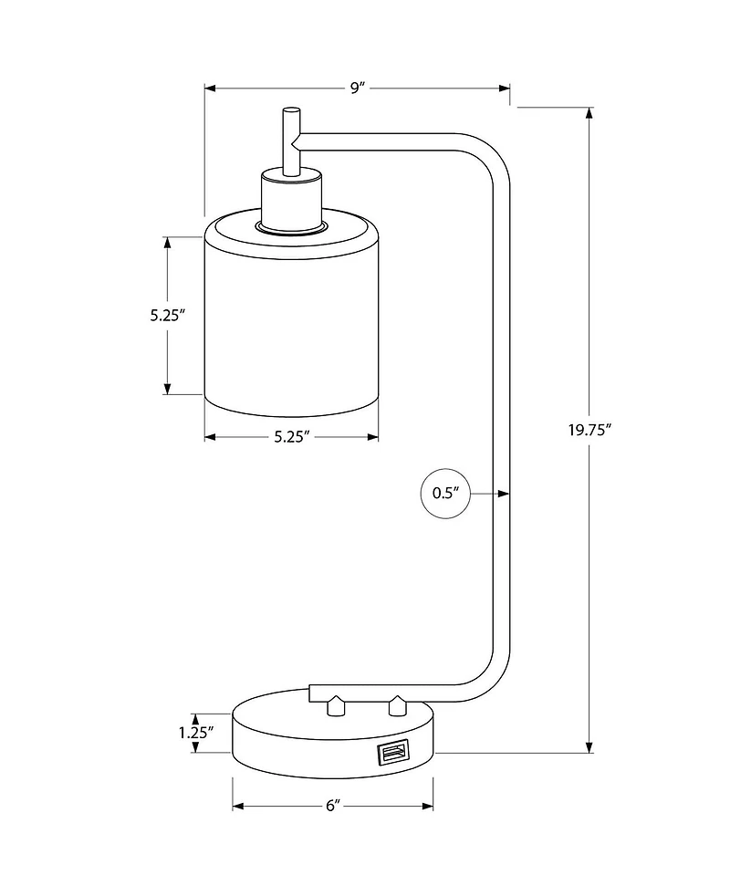 Monarch Specialties Luminaire, 20"h, Lampe De Table, Port Usb Inclus, Béton Noir, Ombre De Verre, Moderne
