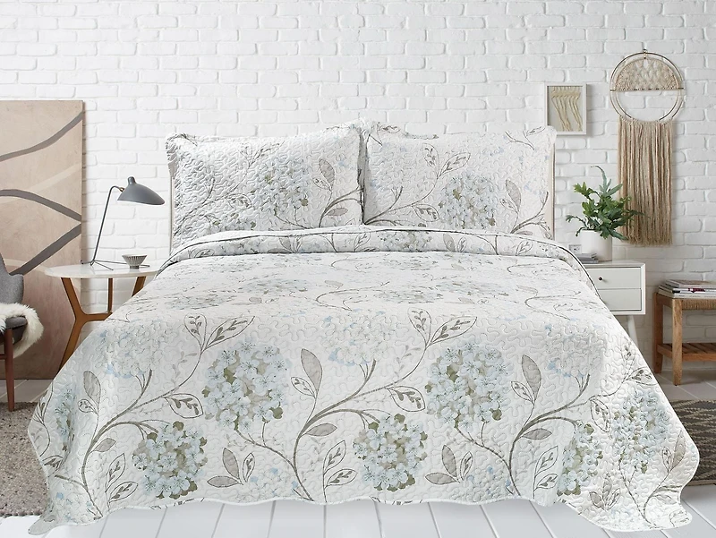 Marina Decoration Rich Printed Embossed Pinsonic Coverlet Bedspread Ultra Soft Bedding Summer Quilt Set with Shams, Blue Hydrangea Floral Pattern