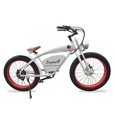 Demon Electric Davient 500W 26-in Vintage Cruiser Fat-Tire Electric Bike, 16.75Ah Battery E-Bike, TEKTRO Hydraulic Brakes, SHIMANO 7 Speed Gear Electric Bike - White, Red Rims