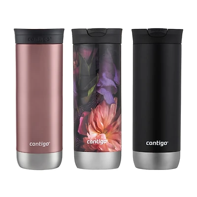 Tasse de voyage isotherme Contigo Huron 2.0, acier inoxydable, 591 mL (20 oz), couvercle SNAPSEAL, couleurs variées paquet de 3