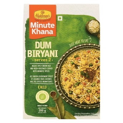 HALDIRAM RTE DUM BIRYANI Dum Biryani is an aromatic, iconic rice dish beloved by Indians across the globe. The Haldiram’s Ready-To-Eat Dum Biryani is delicately flavoured with a blend of aromatic spices, cooked with fresh vegetables and steamed basmati rice.   Haldiram’s Recommendation: Serve hot, topped with carameliz