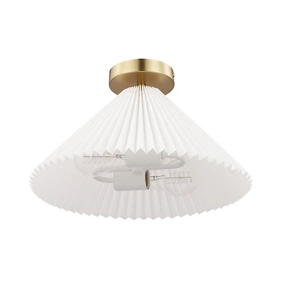 Novogratz x Globe 2-Light Matte Brass Flush Mount Ceiling Light with Off-White Pleated Fabric Shade
