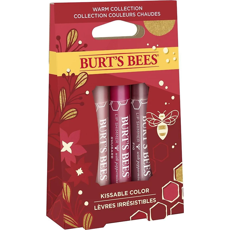 Burt's Bees® Kissable Colour Holiday Gift Set, Warm Collection, 3 Lip Shimmers in Peony, Rhubarb and Fig