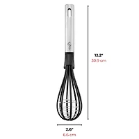 Starfrit Gourmet STEEL Nylon Whisk, High Heat Resistant, Safe for Non-Stick, Stainless Steel Handle, Three Balloon Whisk for Efficiency, Integrated Rest, Dishwasher Safe, Whisk sauces, creams and eggs with ease using the Starfrit Gourmet STEEL Nylon Whisk. Its 430-grade stainless steel handle and heat-resistant nylon head are safe for non-stick cookware. Features an integrated rest and triple-balloon design for efficient whisking. Dishwasher safe.