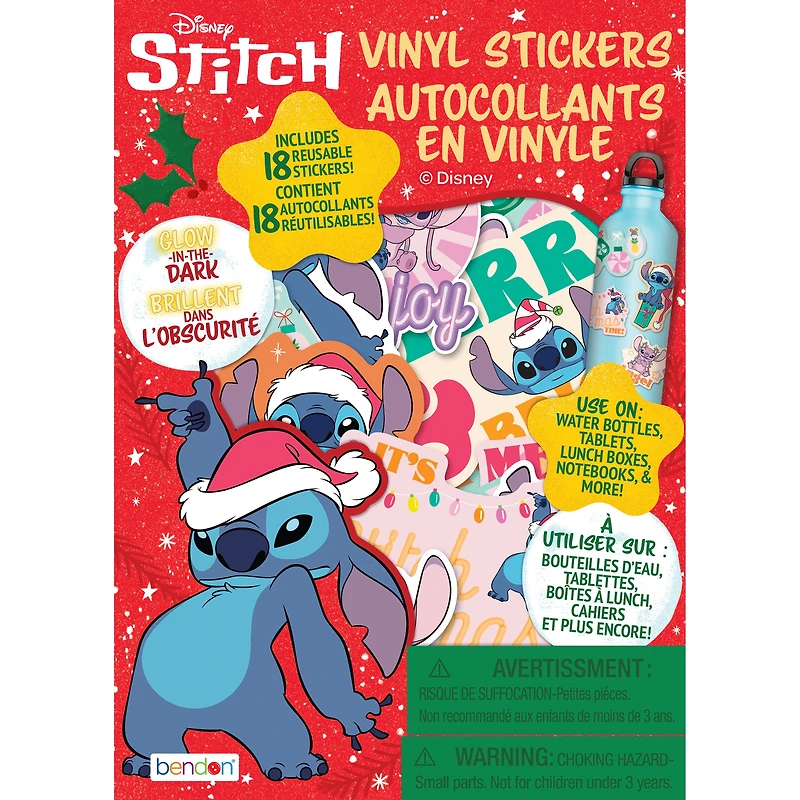 Disney Lilo and Stitch Christmas Holiday 18-Pack Glow In The Dark Vinyl Sticker, 18-pack Glow-In-The-Dark vinyl stickers in holiday artwork