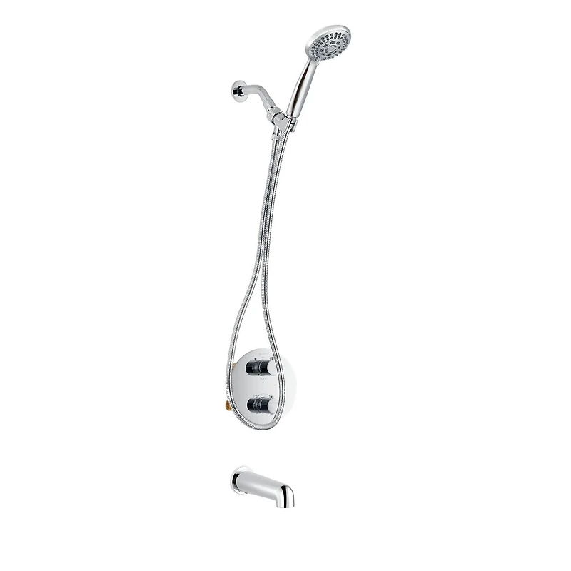 Round thermostatic valve 4-way diverter with 5 settings hand shower, Slip-on 1/2-in. spout or simultaneously and with stop