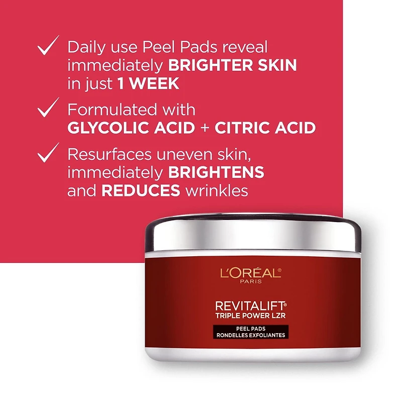 L'Oreal Paris Revitalift Bright Reveal Rondelles Exfoliantes Illuminatrices  avec 10% Complèxe Glycolique, 1 unité