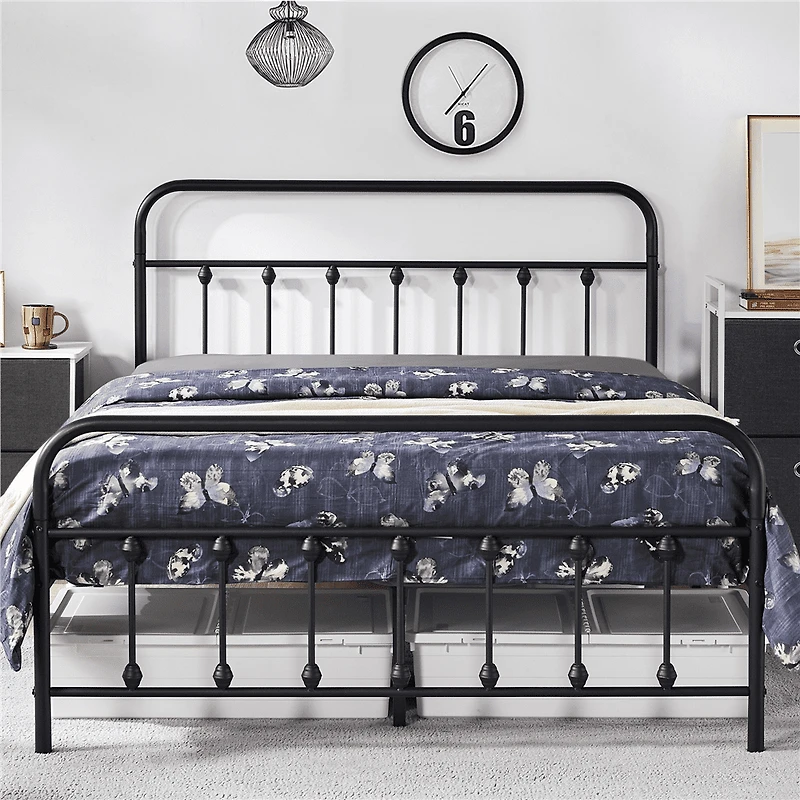 Fullfurnique Metal Platform Bed with High Headboard and Footboard, Queen, Black