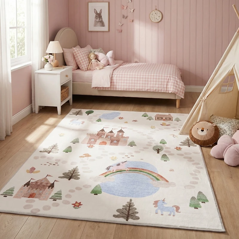 Rug Branch Soft Steps Playtime Licornes, Chateau, Carte routiere, Tapis educatif doux, Blanc Bleu - Garcons et filles dans la salle de jeux, la creche, la chambre